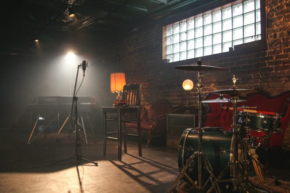 Dimly-lit studio