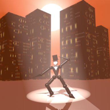 Cartoon tap dancer between buildings